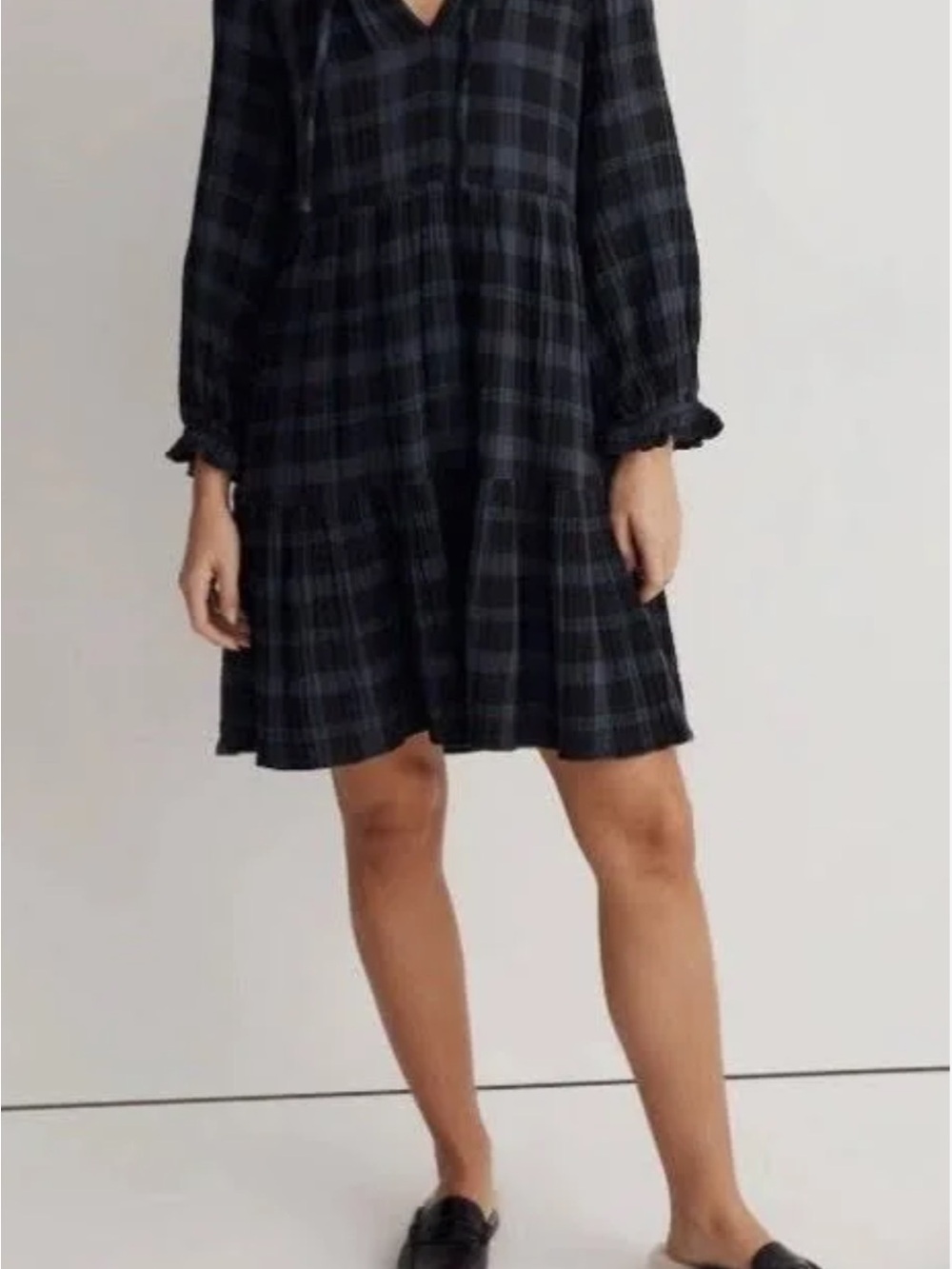 Madewell Navy and Green Plaid V-Neck Tiered Long-Sleeve Mini Dress